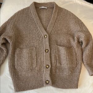 Zara Oversized Taupe Ribbed V-Neck Cardigan + Bonus separate Faux fur shawl
